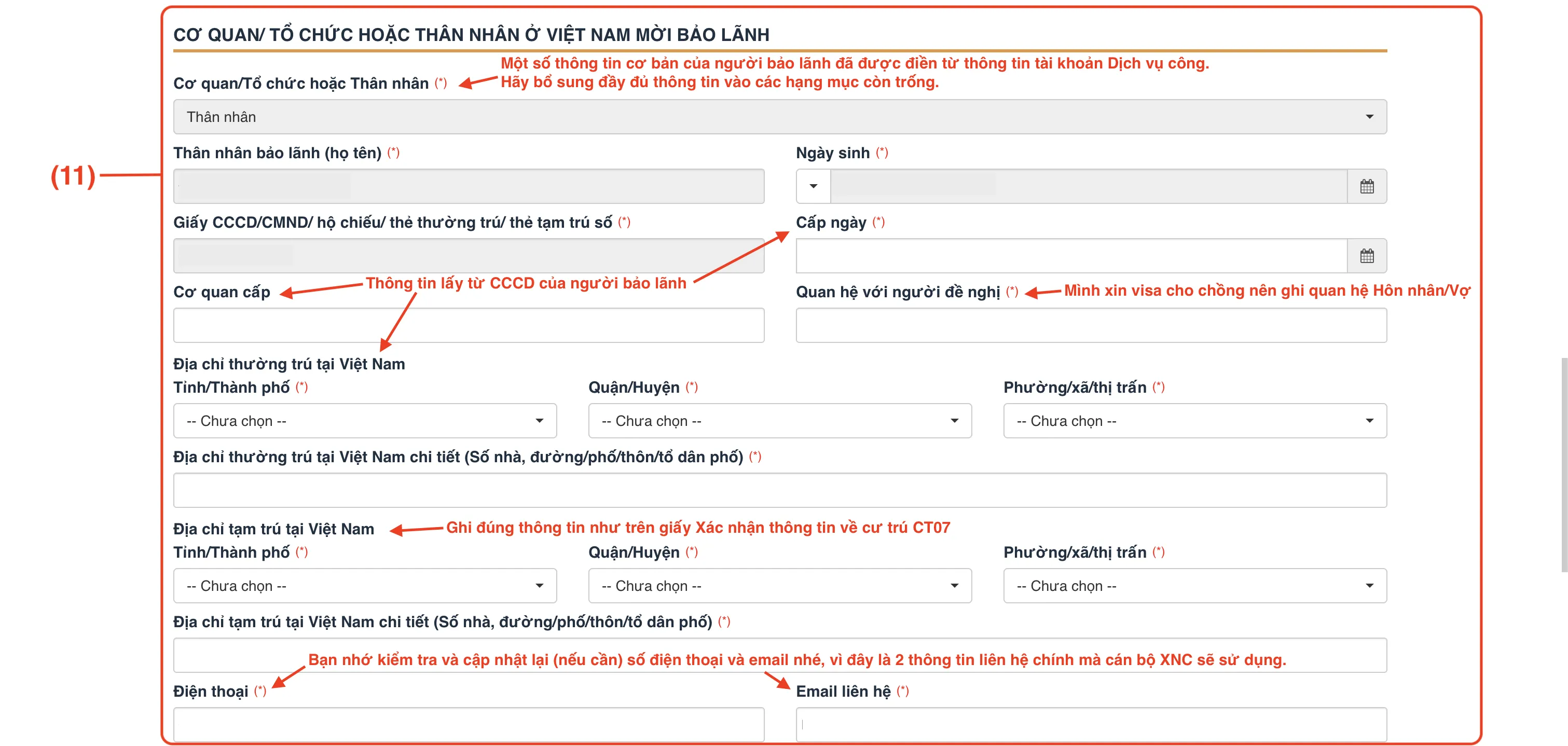 Thông tin thân nhân Việt Nam bảo lãnh
